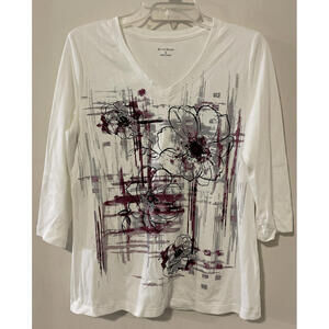 Studio Works Womens Small White Vneck 3/4-Sleeved Cotton Floral Blouse! A2770